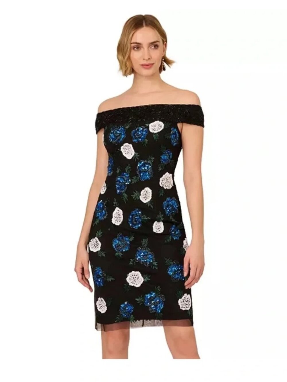 Adrianna Papell Black Multi Beaded Off-The-Shoulder Sheath Dress